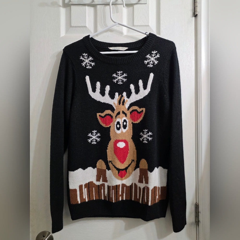Bluenotes Black Reindeer Snowflake Ugly Christmas Sweater - Size M